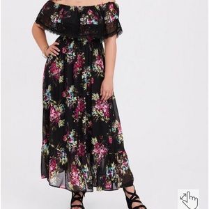 Torrid Black Floral Off the Shoulder Chiffon Maxi Dress size 1